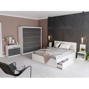 Mobila dormitor Avangard c/05, pat 160 x 200 cm, dulap, comoda, 2 noptiere, alb-antracit