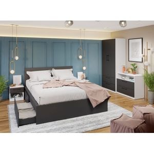 Mobila dormitor Benjamin C02, pat 160 x 200 cm, dulap, comoda, 2 noptiere, alb-antracit