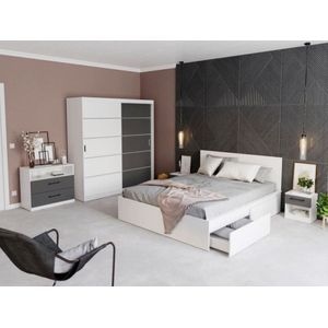 Mobila dormitor Avangard c/04, pat 160 x 200 cm, dulap, comoda, 2 noptiere, alb-antracit