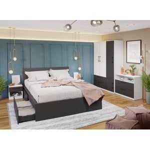 Mobila dormitor Benjamin C06, pat 160 x 200 cm, dulap, comoda, 2 noptiere, alb-antracit