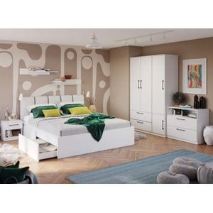Mobila dormitor Snow C20, pat 160 x 200 cm, dulap, comoda, 2 noptiere, alb