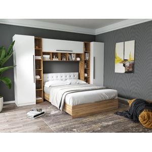Mobila dormitor Timea, pat 140 x 200 cm, dulap, corp superior, alb-bej