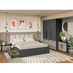 Mobila dormitor Noce, pat 160 x 200 cm, dulap, comoda, 2 noptiere, antracit