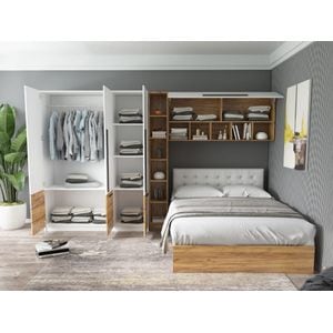 Mobila dormitor Timea, pat 140 x 200 cm, dulap, corp superior, alb-stejar auriu