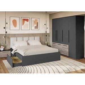 Mobila dormitor Noce C11, pat 160 x 200 cm, dulap, 2 noptiere, antracit