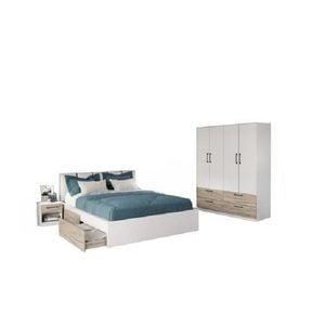 Mobila dormitor Relax C18, pat 160 x 200 cm, dulap, 2 noptiere, alb-bej
