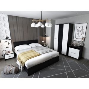Mobila dormitor Mario, pat 160 x 200 cm, dulap, comoda, 2 noptiere, alb-wenge