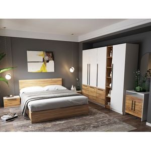 Mobila dormitor Timea, pat 160 x 200 cm, dulap, comoda, 2 noptiere, alb-bej