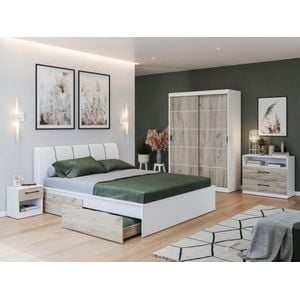 Mobila dormitor Forest c/06, pat 160 x 200 cm, dulap, comoda, 2 noptiere, alb-stejar