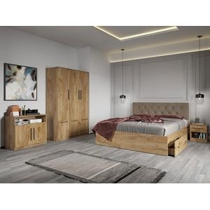 Mobila dormitor Madrid C02, pat 160 x 200 cm, dulap, comoda, 2 noptiere, stejar auriu