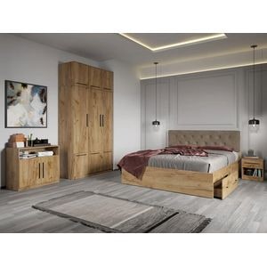 Mobila dormitor Madrid C06, pat 160 x 200 cm, dulap, comoda, 2 noptiere, stejar auriu