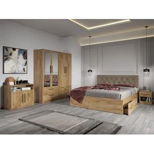 Mobila dormitor Madrid C12, pat 160 x 200 cm, dulap, comoda, 2 noptiere, stejar auriu