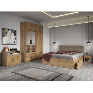 Mobila dormitor Madrid C16, pat 160 x 200 cm, dulap, comoda, 2 noptiere, stejar auriu