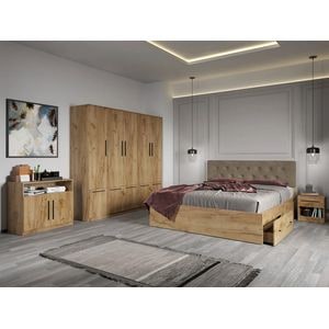 Mobila dormitor Madrid C18, pat 160 x 200 cm, dulap, comoda, 2 noptiere, stejar auriu