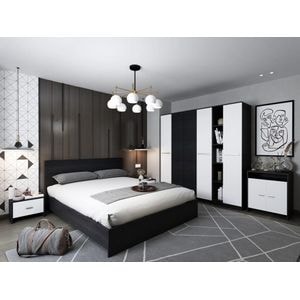 Mobila dormitor Mario, pat 160 x 200 cm, dulap, comoda, 2 noptiere, alb-wenge