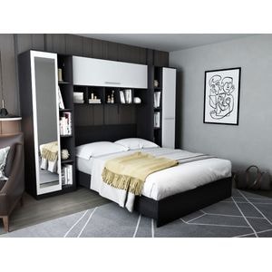 Mobila dormitor Mario, pat 140 x 200 cm, dulap, corp superior, alb-wenge