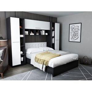 Mobila dormitor Mario, pat 140 x 200 cm, dulap, corp superior, alb-wenge