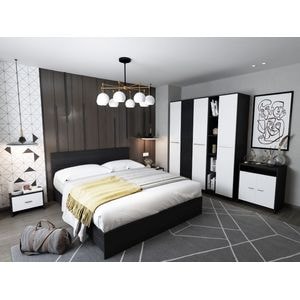 Mobila dormitor Mario, pat 160 x 200 cm, dulap, comoda, 2 noptiere, alb-wenge