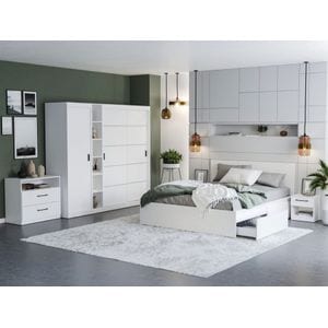 Mobila dormitor Nordis C/21, pat 160 x 200 cm, dulap, comoda, 2 noptiere, alb