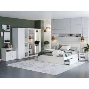 Mobila dormitor Nordis C/23, pat 160 x 200 cm, dulap, comoda, 2 noptiere, alb