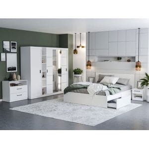 Mobila dormitor Nordis C/24, pat 160 x 200 cm, dulap, comoda, 2 noptiere, alb