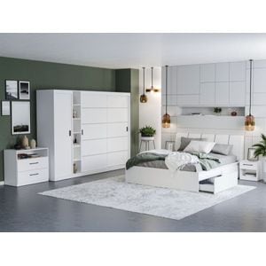 Mobila dormitor Nordis C/25, pat 160 x 200 cm, dulap, comoda, 2 noptiere, alb