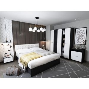 Mobila dormitor Mario 3u, pat 160 x 200 cm, dulap, comoda, 2 noptiere, alb-wenge