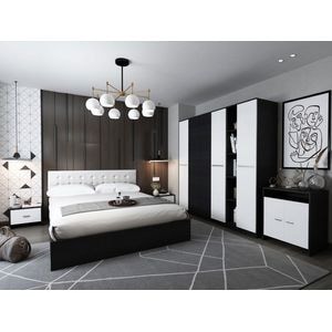 Mobila dormitor Mario 4u, pat 160 x 200 cm, dulap, comoda, 2 noptiere, alb-wenge