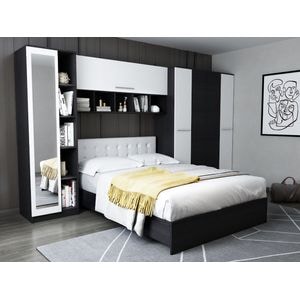 Mobila dormitor Mario, pat 140 x 200 cm, dulap, corp superior, alb-wenge