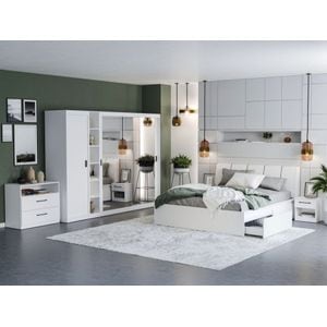 Mobila dormitor Nordis C/27, pat 160 x 200 cm, dulap, comoda, 2 noptiere, alb