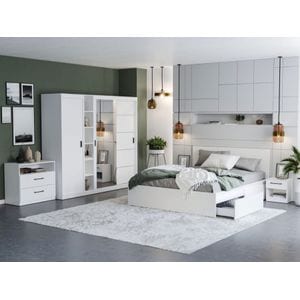 Mobila dormitor Nordis C/22, pat 160 x 200 cm, dulap, comoda, 2 noptiere, alb