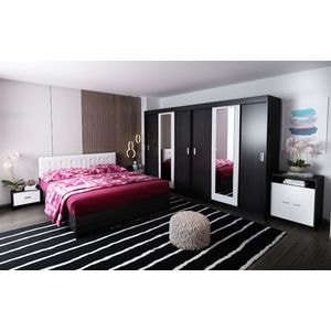 Mobila dormitor Bingo, pat 160 x 200 cm, dulap, comoda, 2 noptiere, alb-wenge