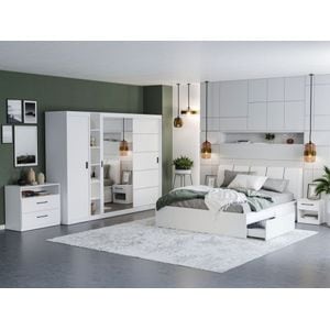 Mobila dormitor Nordis C/26, pat 160 x 200 cm, dulap, comoda, 2 noptiere, alb
