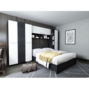 Mobila dormitor Mario, pat 140 x 200 cm, dulap, corp superior, alb-wenge