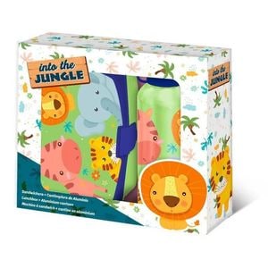 Set cutie sandwich plastic fara BPA si sticla apa din aluminiu, 400 ml, multicolor, Into the Jungle