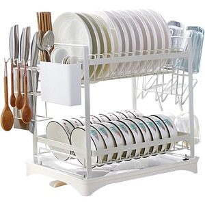 Scurgator de vase, Quasar & Co., etajat, cu suport cutite, tacamuri, tocator, tava scurgere, 41 x 29 x 40 cm, metal, alb