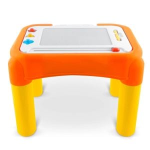 Jucarie muzicala educativa DacEnergy, cu masa, plansa, cutie cu nisip, pian, tabla magnetica, culori vesele, portocaliu si galben