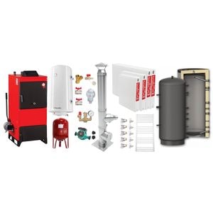 Pachet Centrala pe combustibil solid Fiama D2-25 Putere 29 kW, cu Ventilator si Automatizare, Puffer 800 litri, Cos inox, Radiatoare Otel, Boiler Termoelectric, Pompa, Vas Expansiune si Fitinguri