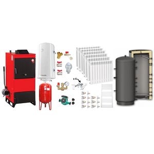 Pachet Centrala pe combustibil solid Fiama D2-40 Putere 46 kW, cu Ventilator si Automatizare, Puffer 1000 litri, Calorifere Aluminiu, Boiler Termoelectric, Pompa, Vas Expansiune si Fitinguri