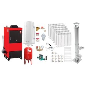 Pachet Centrala pe combustibil solid Fiama D2-40 Putere 46 kW, cu Ventilator si Automatizare, Cos inox, Calorifere Aluminiu, Boiler Termoelectric, Pompa, Vas Expansiune si Fitinguri