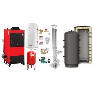 Pachet Centrala pe combustibil solid Fiama D2-40 Putere 46 kW, cu Ventilator si Automatizare, Puffer 1000 litri, Cos inox, Boiler Termoelectric, Pompa, Vas Expansiune si Fitinguri