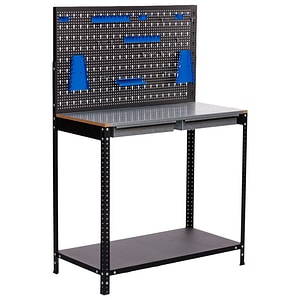 Banc de lucru metalic cu 2 sertare, polita, panou perforat si 17 accesorii pt organizare scule, negru argintiu albastru, 150x100x50cm