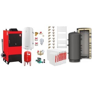 Pachet Centrala pe combustibil solid Fiama D2-60 Putere 70 kW, cu Ventilator si Automatizare, Puffer 1000 litri, Radiatoare Otel, Boiler Termoelectric, Pompa, Vas Expansiune si Fitinguri