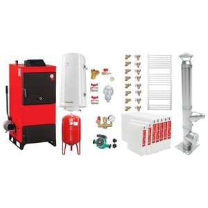 Pachet Centrala pe combustibil solid Fiama D2-60 Putere 70 kW, cu Ventilator si Automatizare, Cos inox, Radiatoare Otel, Boiler Termoelectric, Pompa, Vas Expansiune si Fitinguri