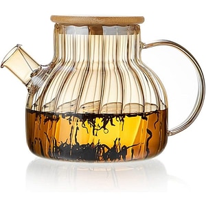Ceainic, Quasar & Co., recipient pentru ceai/cafea cu filtru si capac, 950 ml, sticla borosilicata/bambus, amber