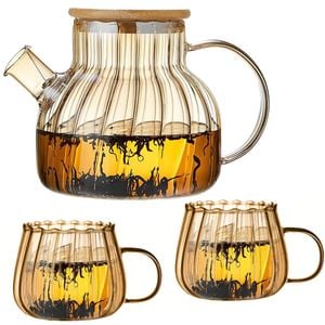 Set ceainic cu 2 cani, Quasar & Co., cu filtru si capac, 950 ml/2x400 ml, sticla borosilicate/bambus, amber