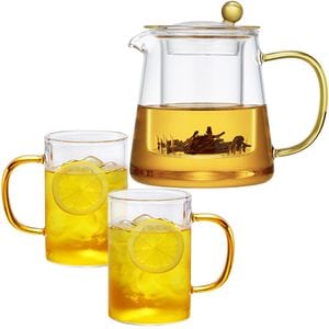 Set ceainic cu 2 cani, Quasar & Co., recipiente pentru ceai/cafea, 700 ml/2x300 ml, sticla borosilicata, transparent