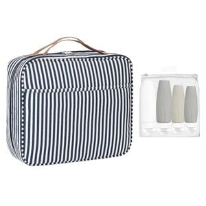 Set calatorie, Quasar & Co., cu geanta cosmetice si 4 x recipiente dozatoare voiaj, interior impermeabil, textil/silicon, negru-gri
