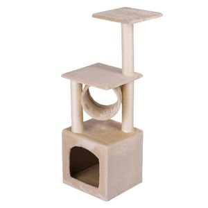 Ansamblu de joaca pentru pisici DacEnergy, snur puternic pe stalp, 3 stalpi, 2 platforme, o casa, 93 cm, crem