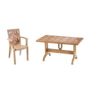 Set masa DacEnergy, confectionat din polipropilena, forma dreptunghiulara, cu model imprimat, fixa, 4 scaune, rezistenta la umezeala, 140 x 73 x 80 cm, teak
